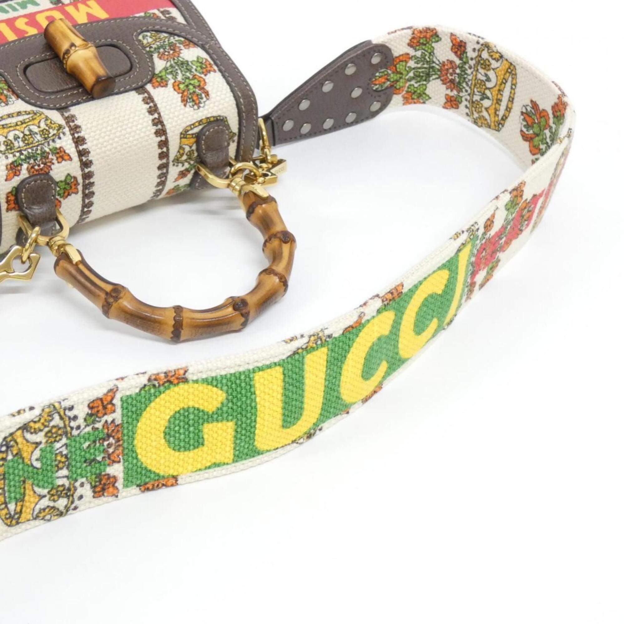 Gucci Brown Ivory Multi-Color Canvas Leather Handbag (Pre-Owned)