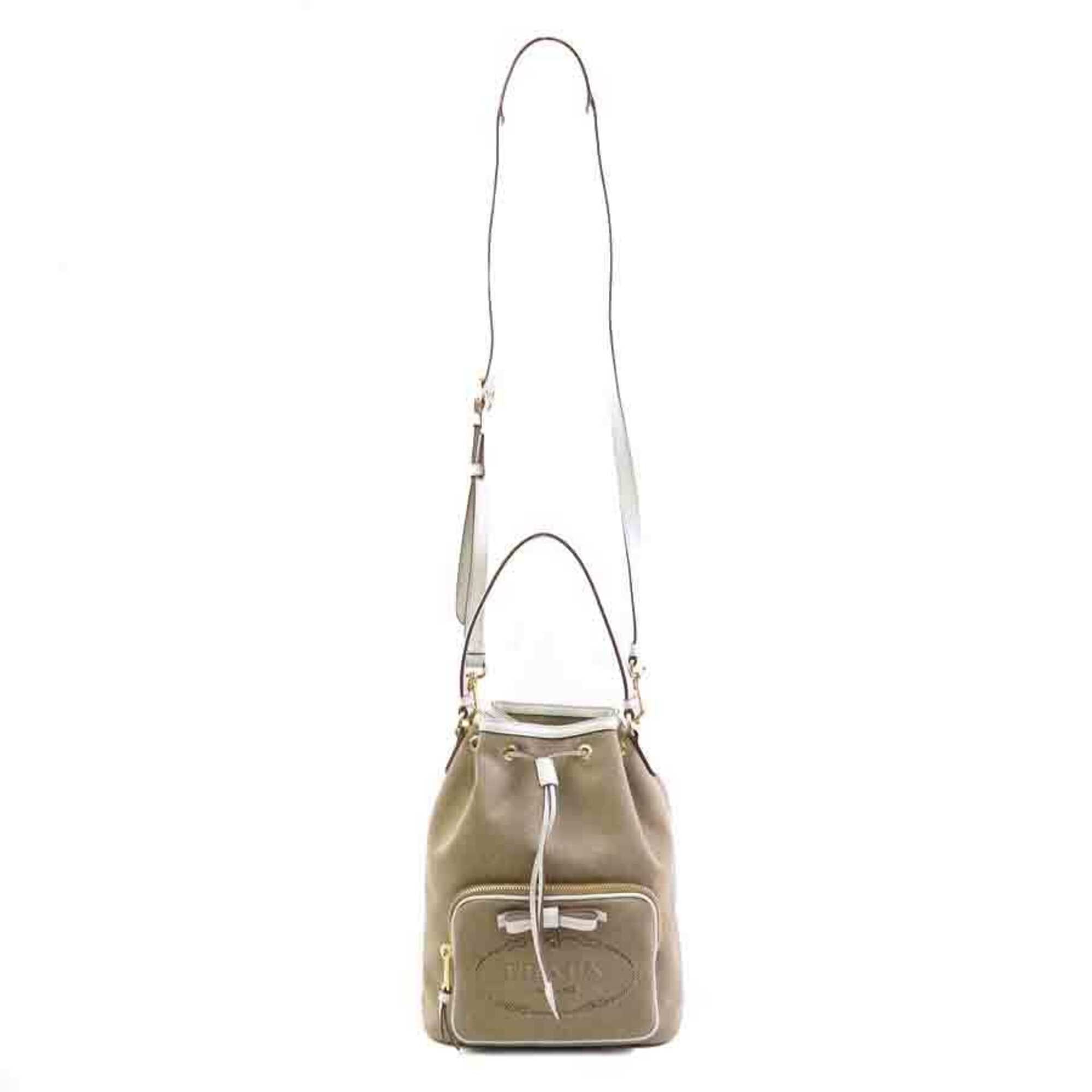 Prada Brown White Canvas Leather Handbag Shoulder Bag (Pre-Owned)