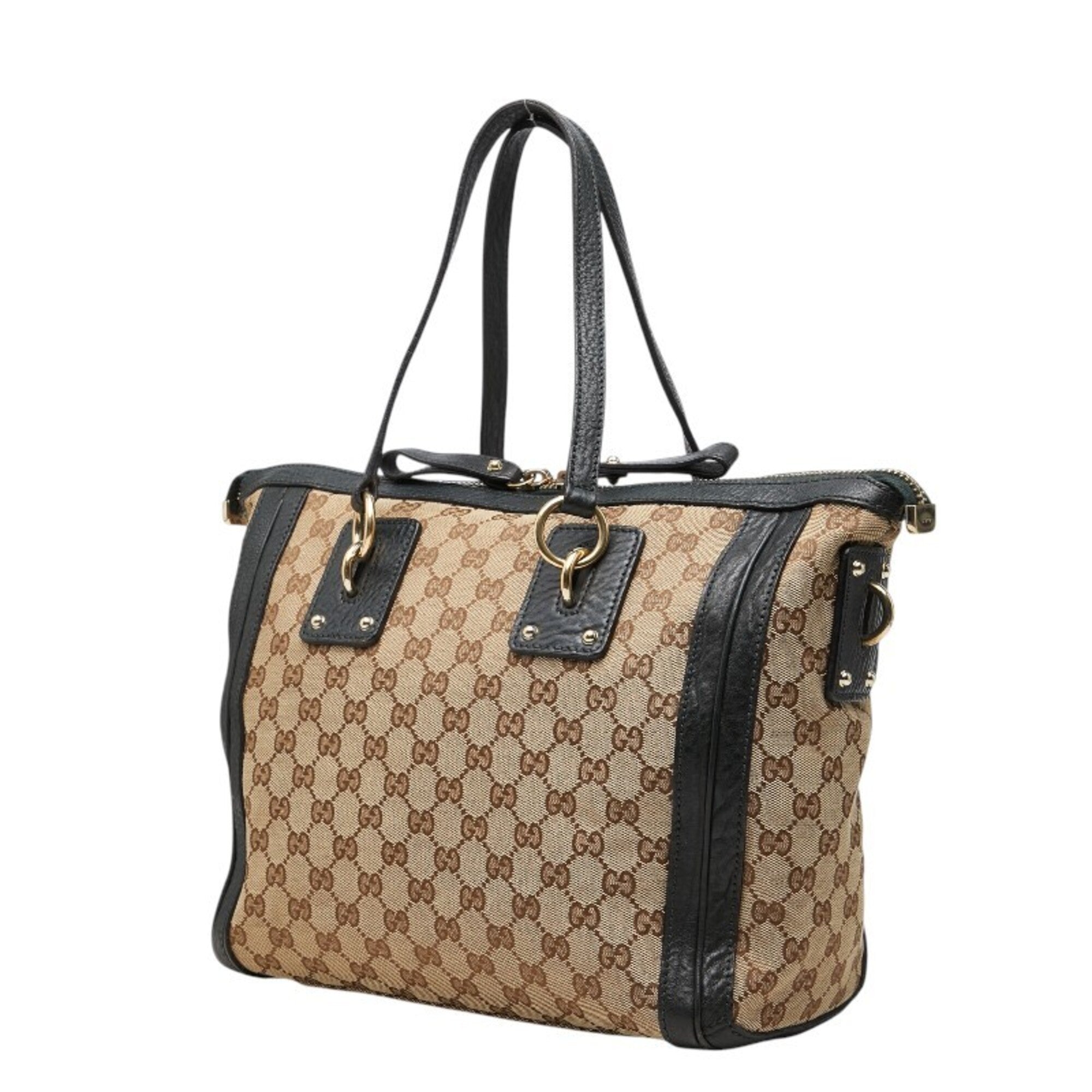 Gucci Beige Black Green Canvas Leather Shoulder Bag Tote Bag (Pre-Owned)