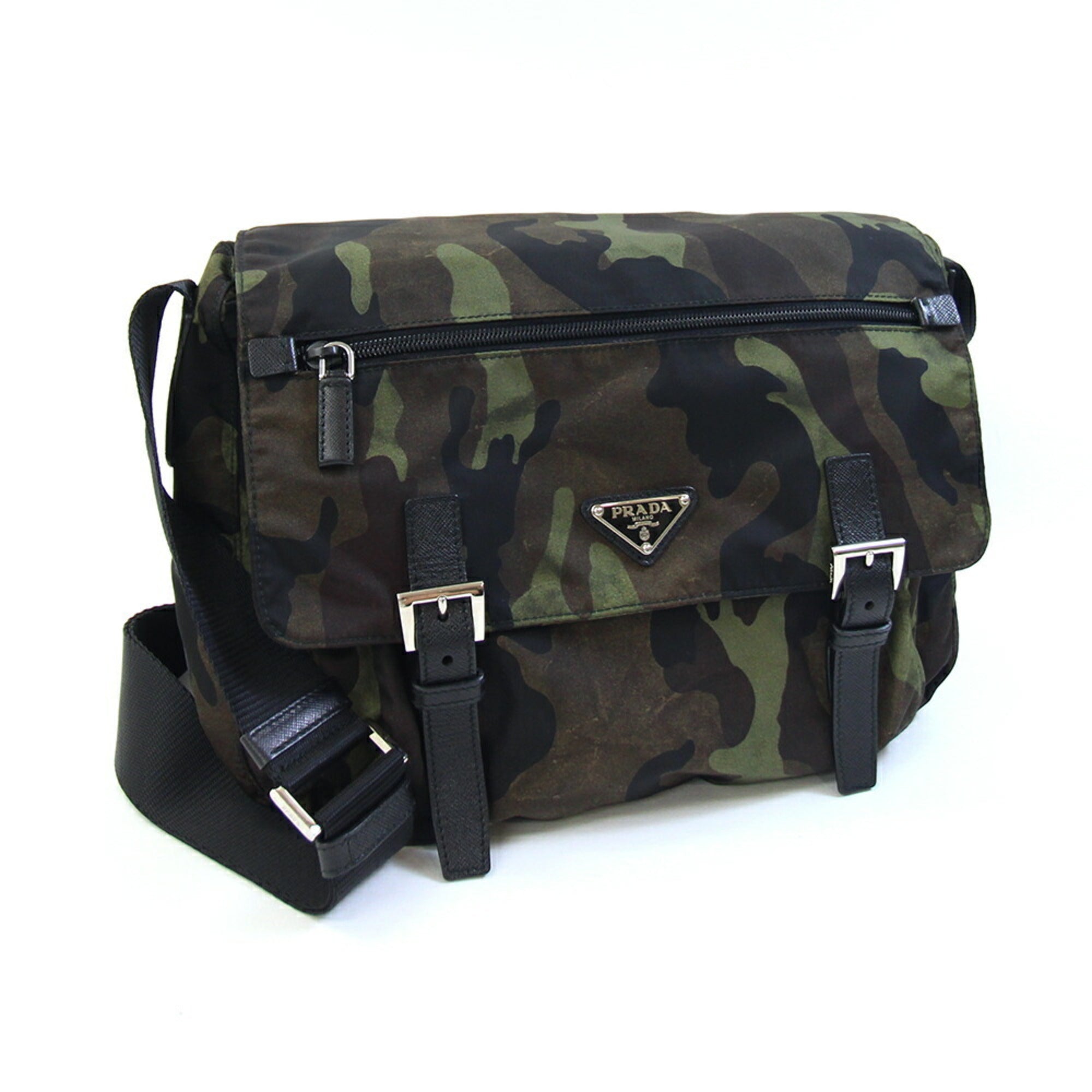 Prada Black Brown Green Khaki Nylon Leather Shoulder Bag (Pre-Owned)