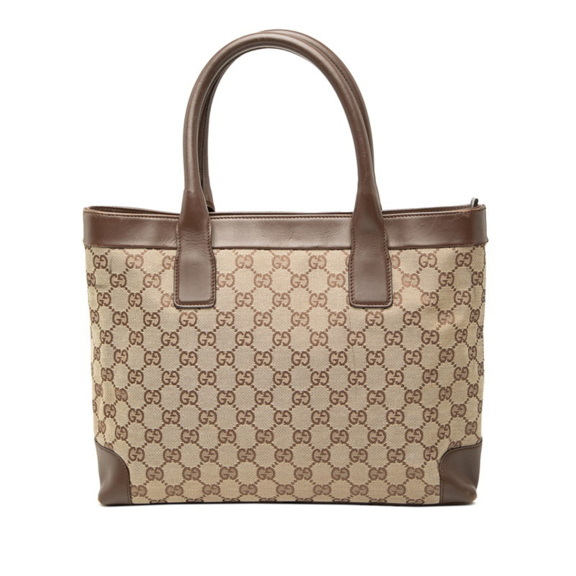 Gucci Beige Brown Canvas Leather Handbag Tote Bag (Pre-Owned)