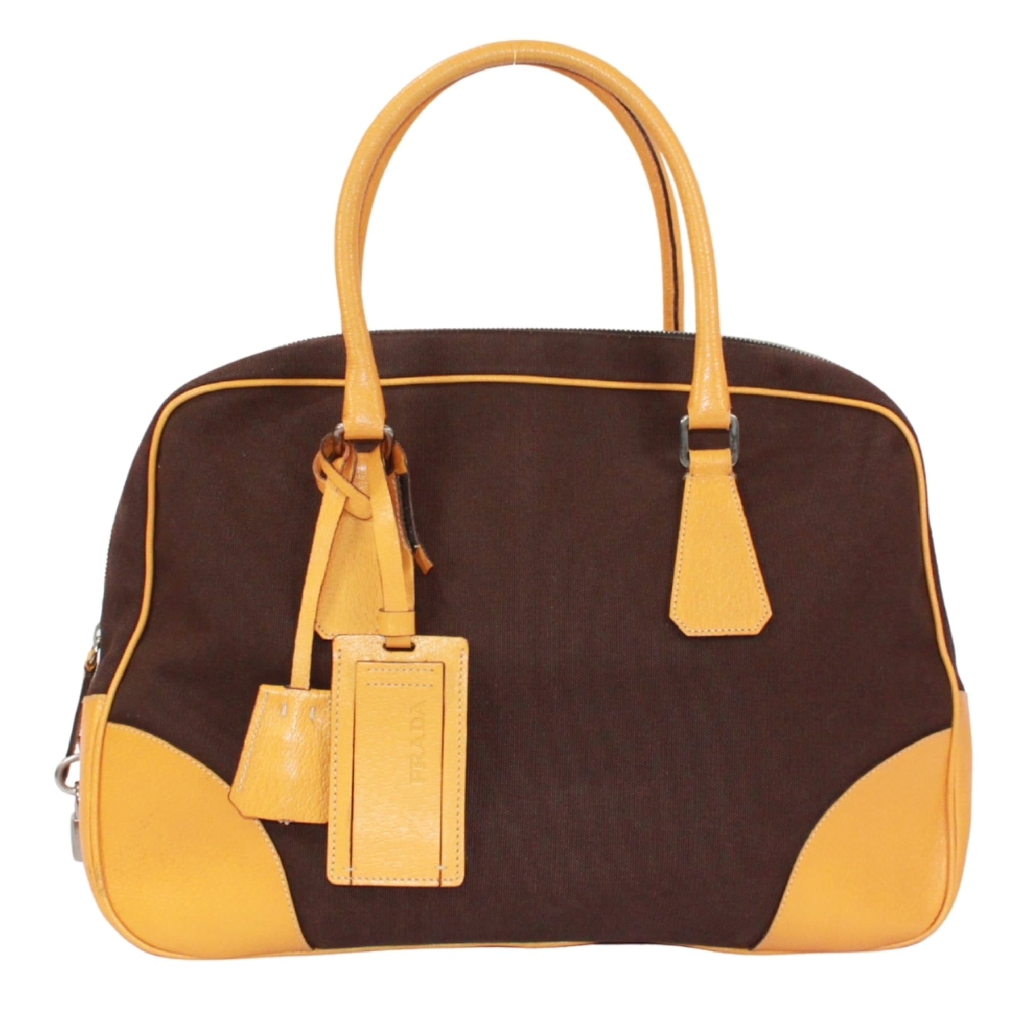 Prada Brown Yellow Leather Canvas Boston Bag Handbag (Pre-Owned)