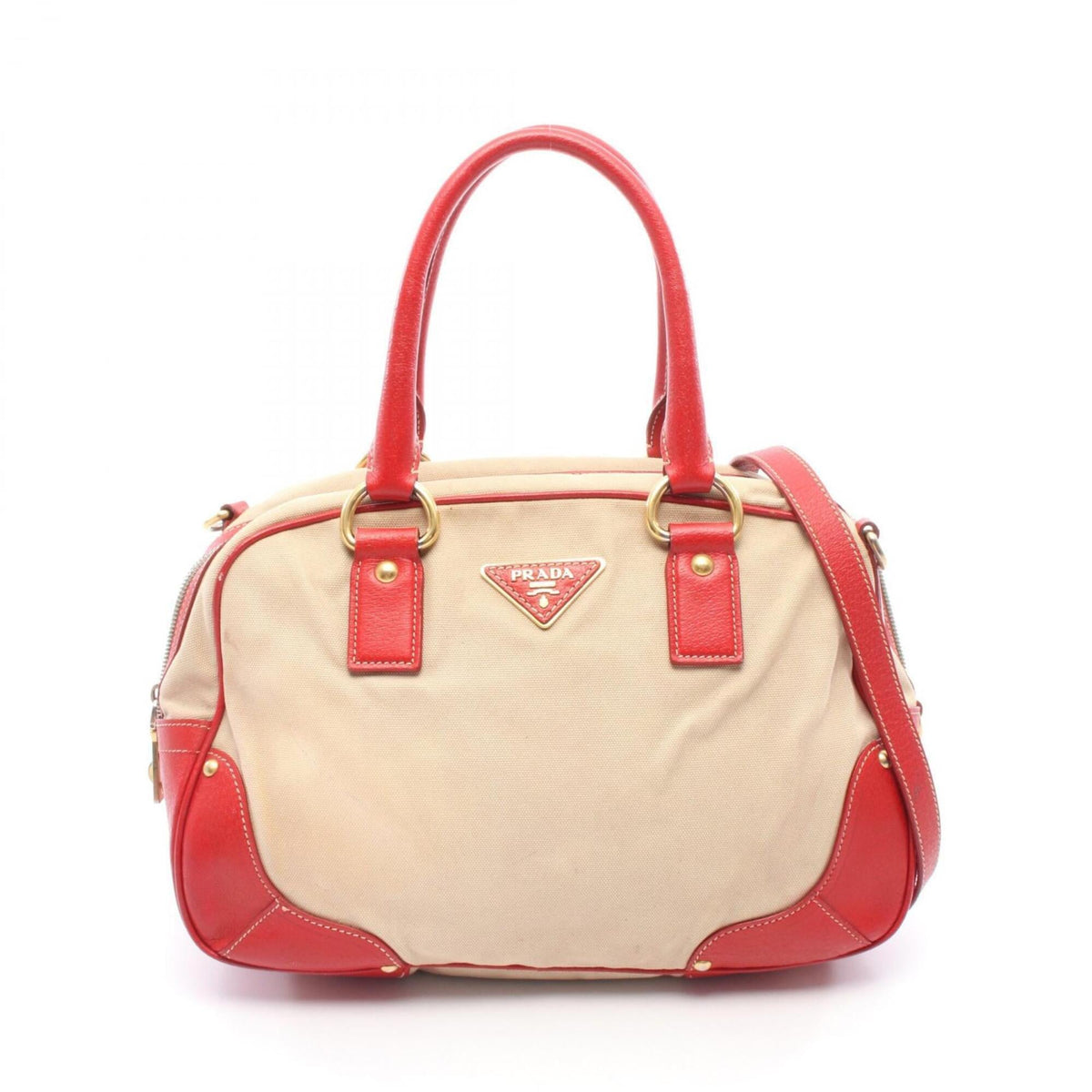 Prada Beige Red Color Canvas Leather Handbag (Pre-Owned)