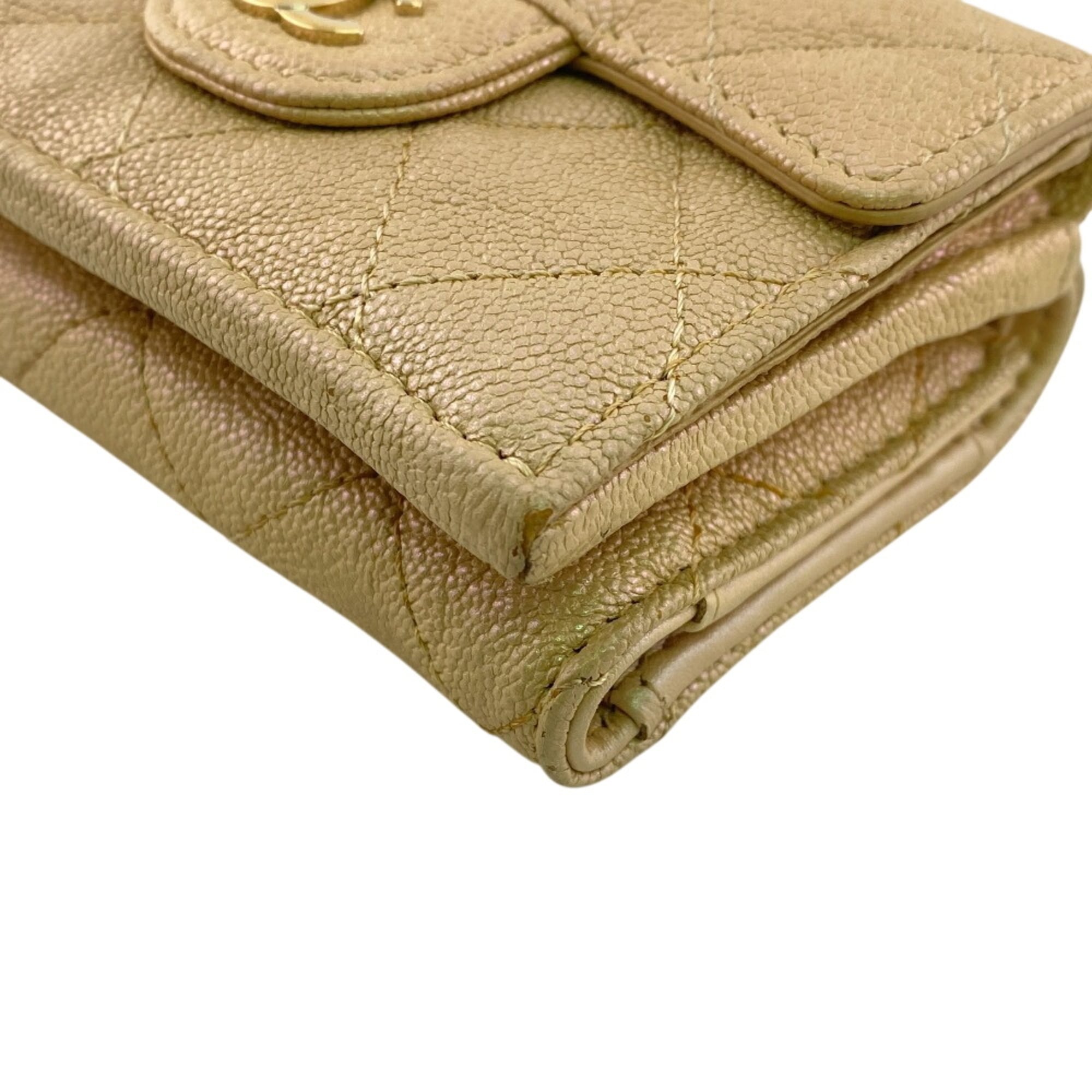 Chanel Beige Beige Gold Grained Calfskin Leather Wallet (Tri-Fold) (Pre-Owned)
