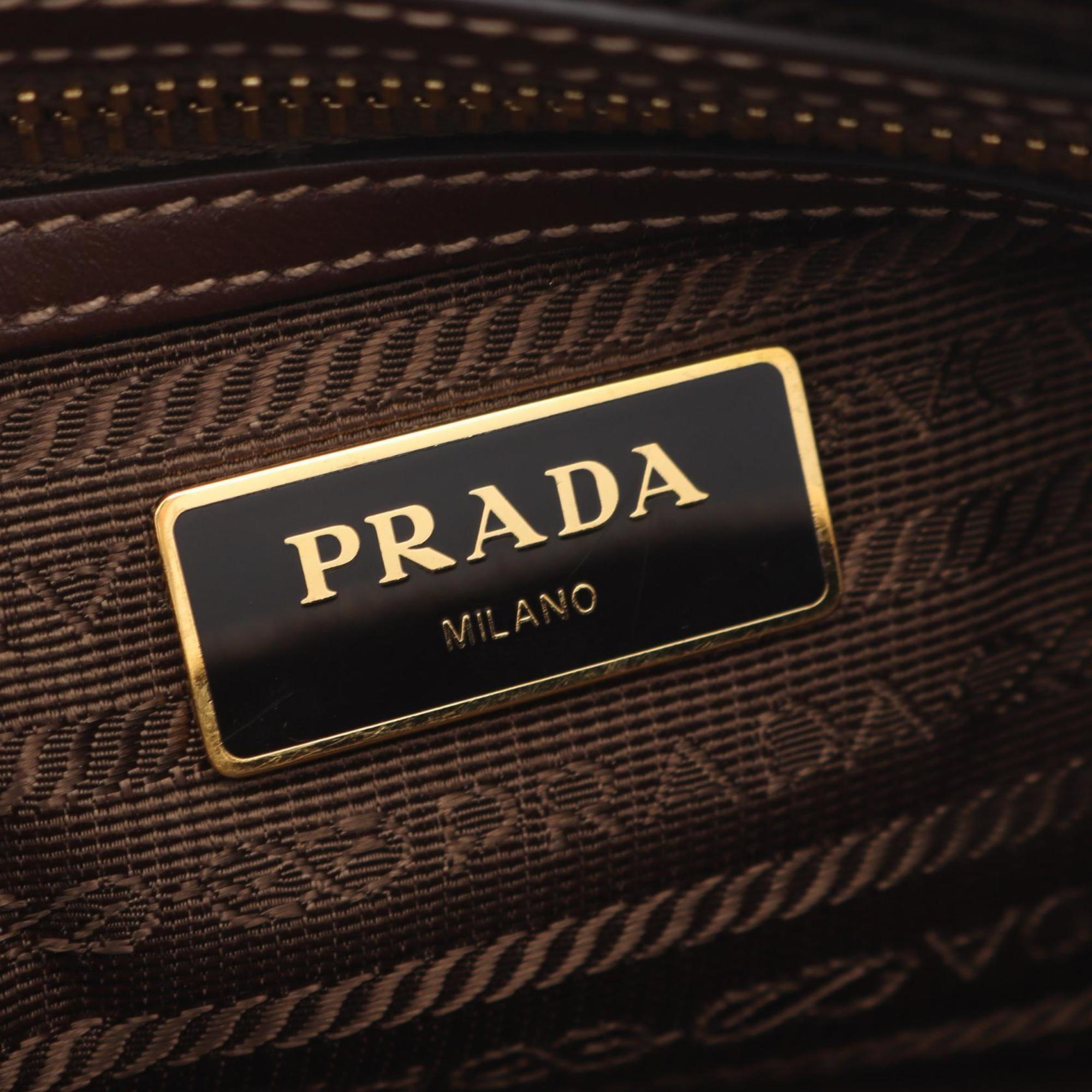 Prada Beige Brown Canvas Leather Handbag Shoulder Bag (Pre-Owned)