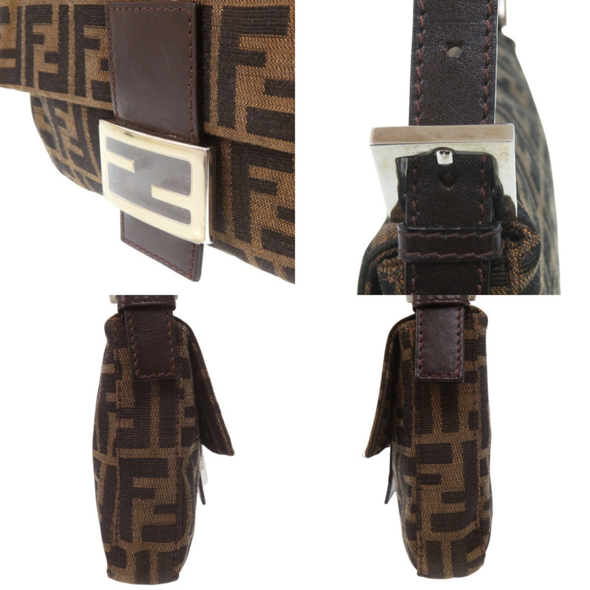 Fendi Brown Leather Nylon Jacquard Handbag (Pre-Owned)