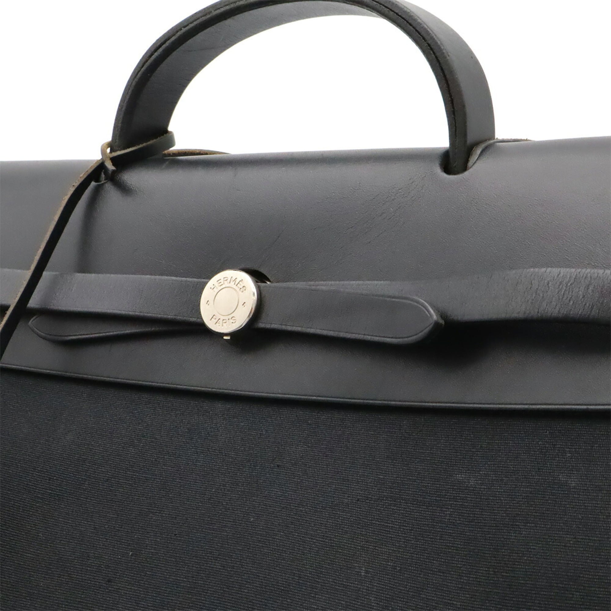 Hermes Her Bag Black Toile Officier Leather Handbag Shoulder Bag (Pre-Owned)