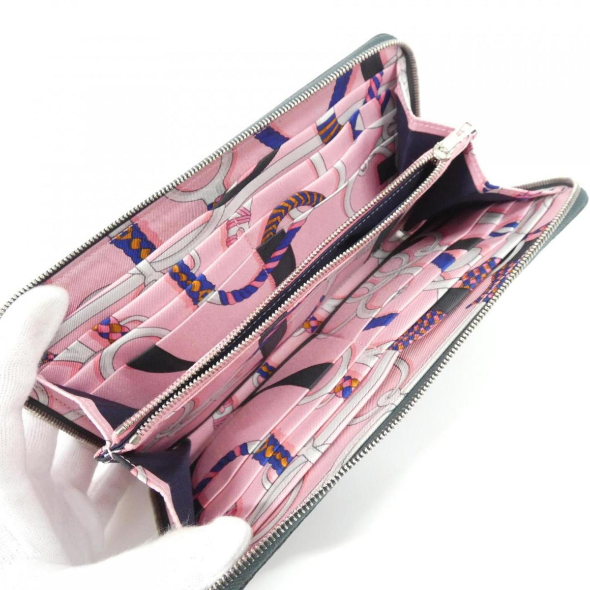 Hermes Green Rose Confetti Epsom Leather Silk Long Wallet (Bi-Fold) (Pre-Owned)