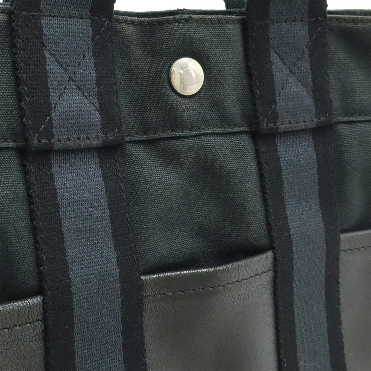 Hermes Black Navy Canvas Leather Handbag Tote Bag (Pre-Owned)