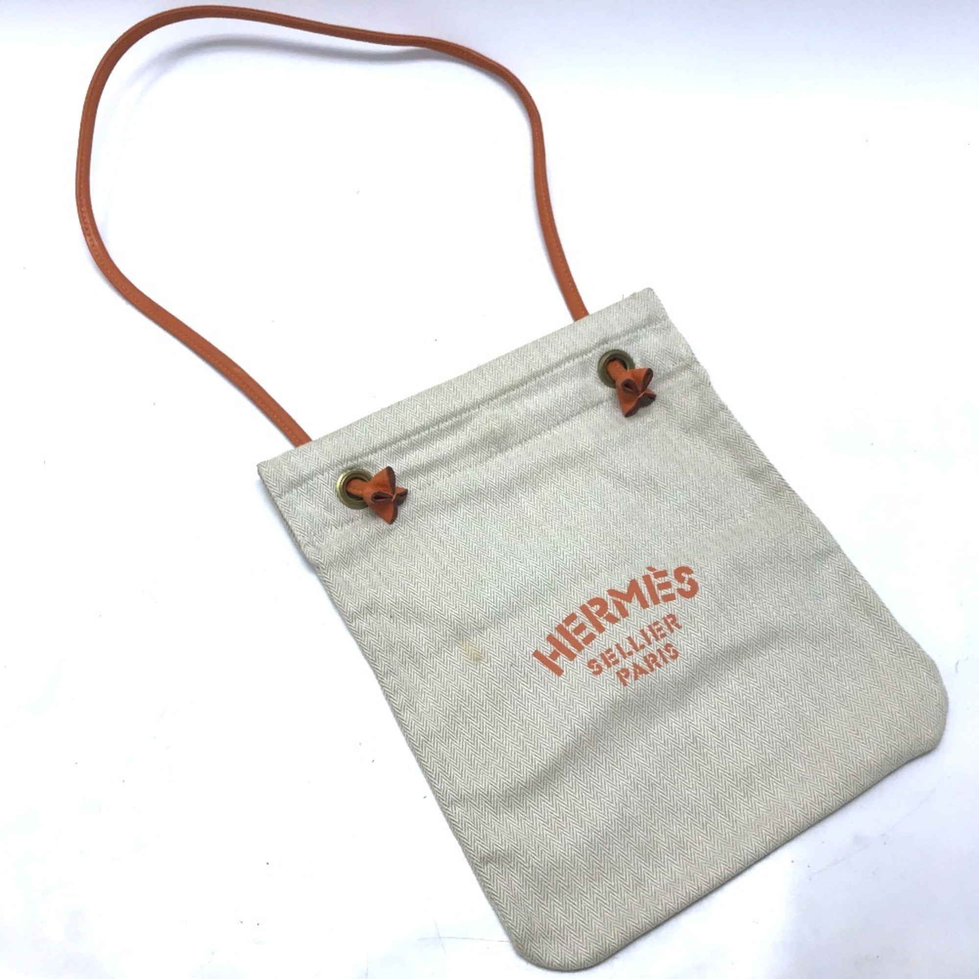Hermes Beige Orange Canvas Leather Shoulder Bag (Pre-Owned)