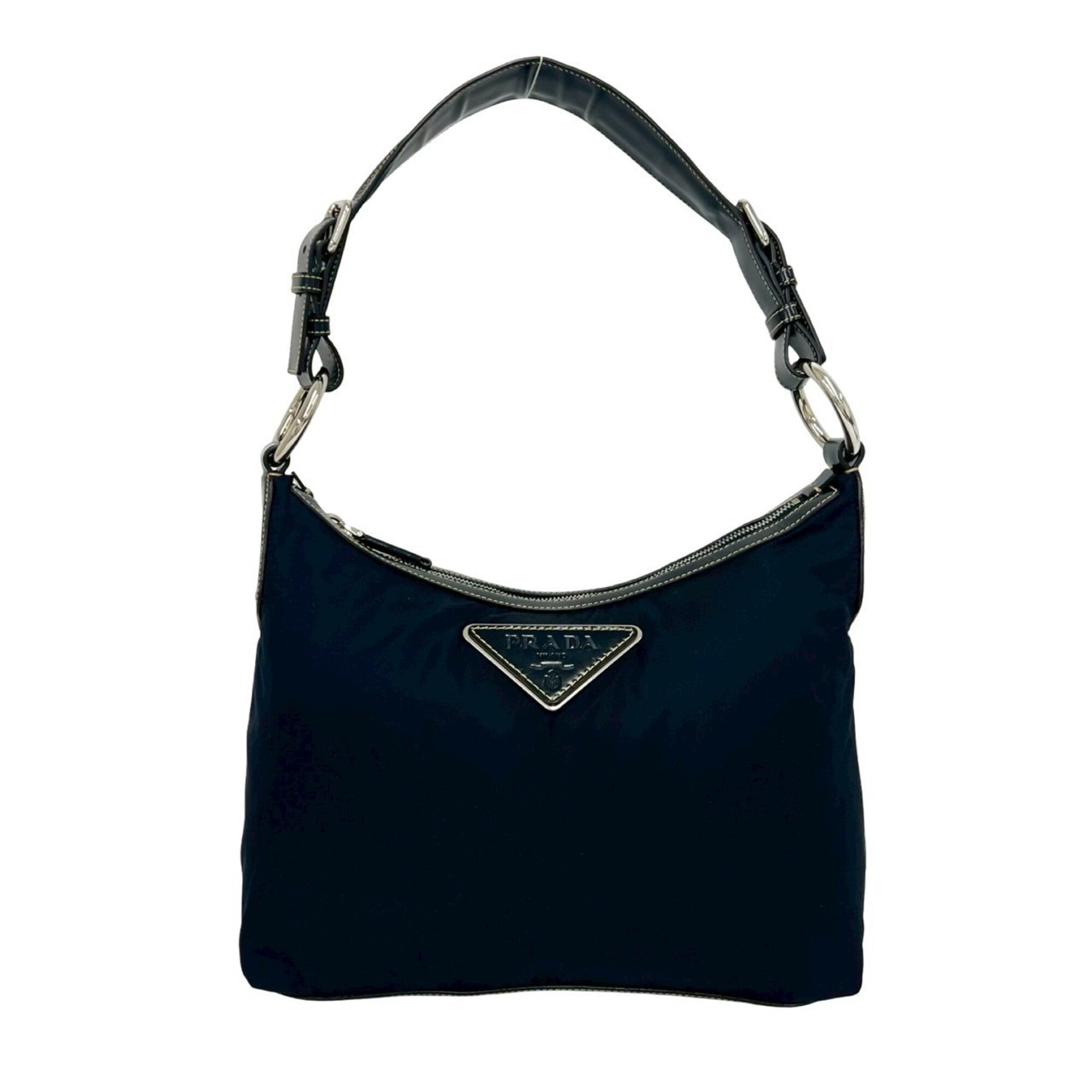 Prada Navy Nylon Leather Shoulder Bag Tote Bag (Pre-Owned)