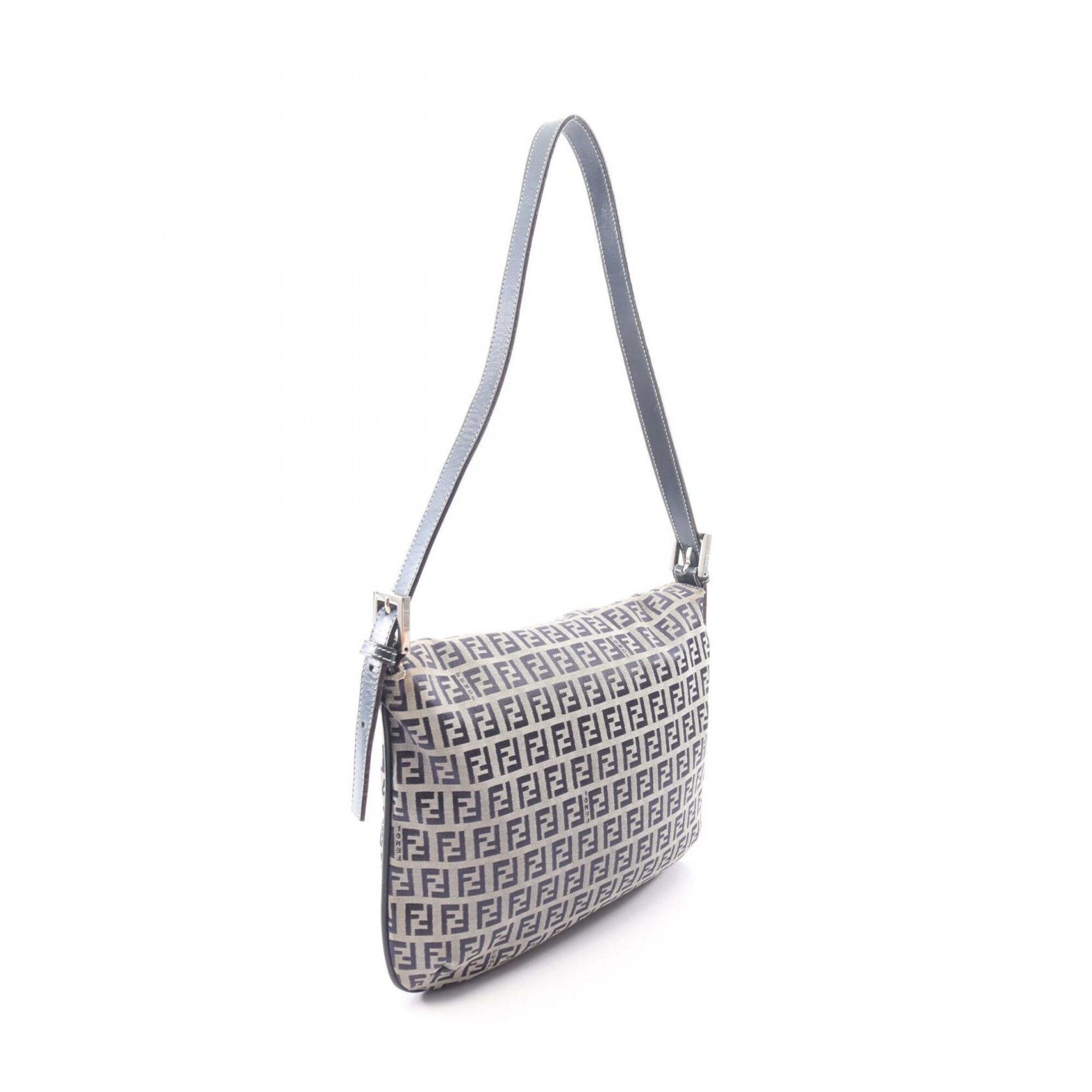 Fendi Zucchino Gray Navy Canvas Leather Handbag Shoulder Bag (Pre-Owned)