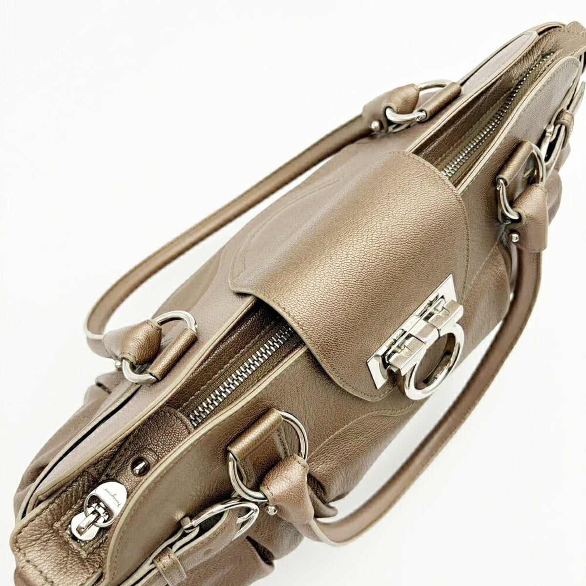 Salvatore Ferragamo Gancini Bronze Leather Handbag (Pre-Owned)