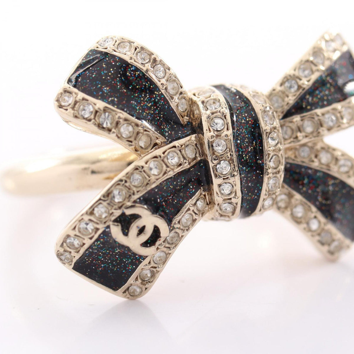 Chanel Black Gold Plating Rhinestone Band Ring (Pre-Owned)