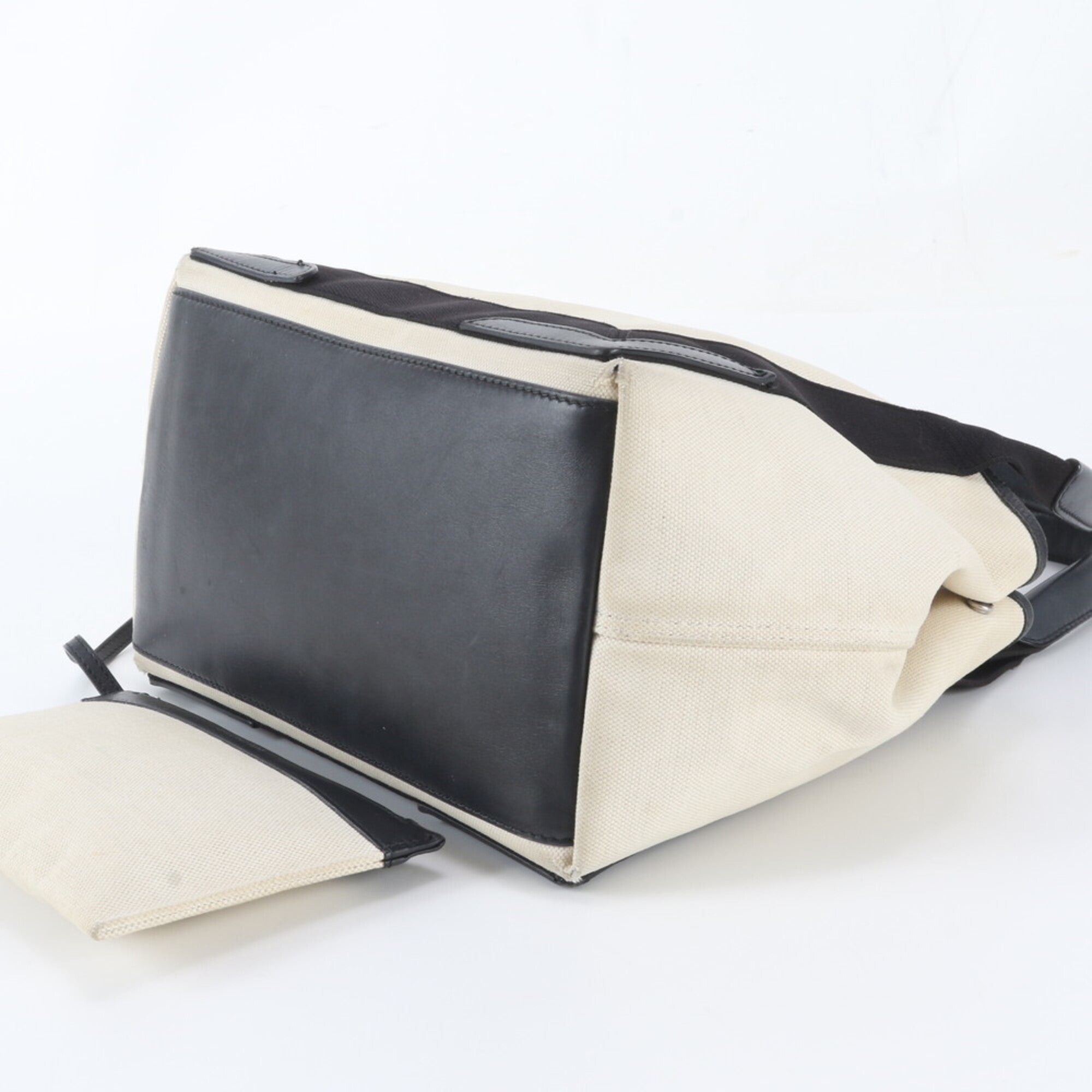 Balenciaga Beige Black Canvas Leather Handbag Pouch Tote Bag (Pre-Owned)