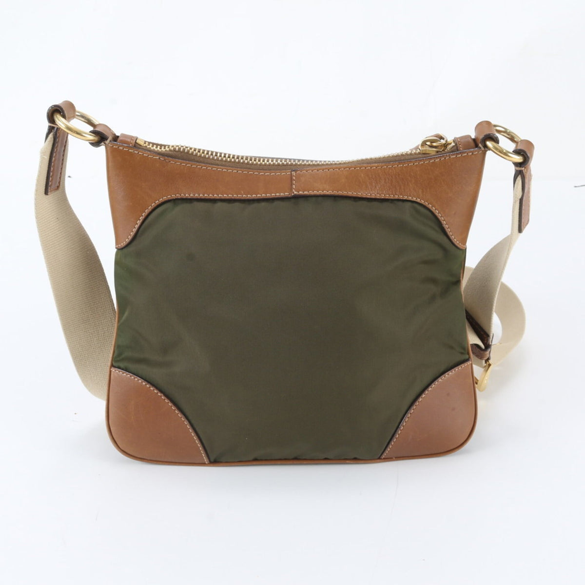 Prada Khaki Leather Nylon Messenger Bag Shoulder Bag (Pre-Owned)