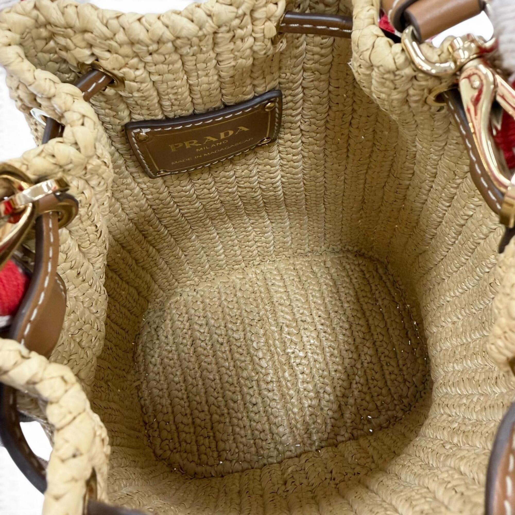 Prada Leather Raffia Handbag Shoulder Bag (Pre-Owned)