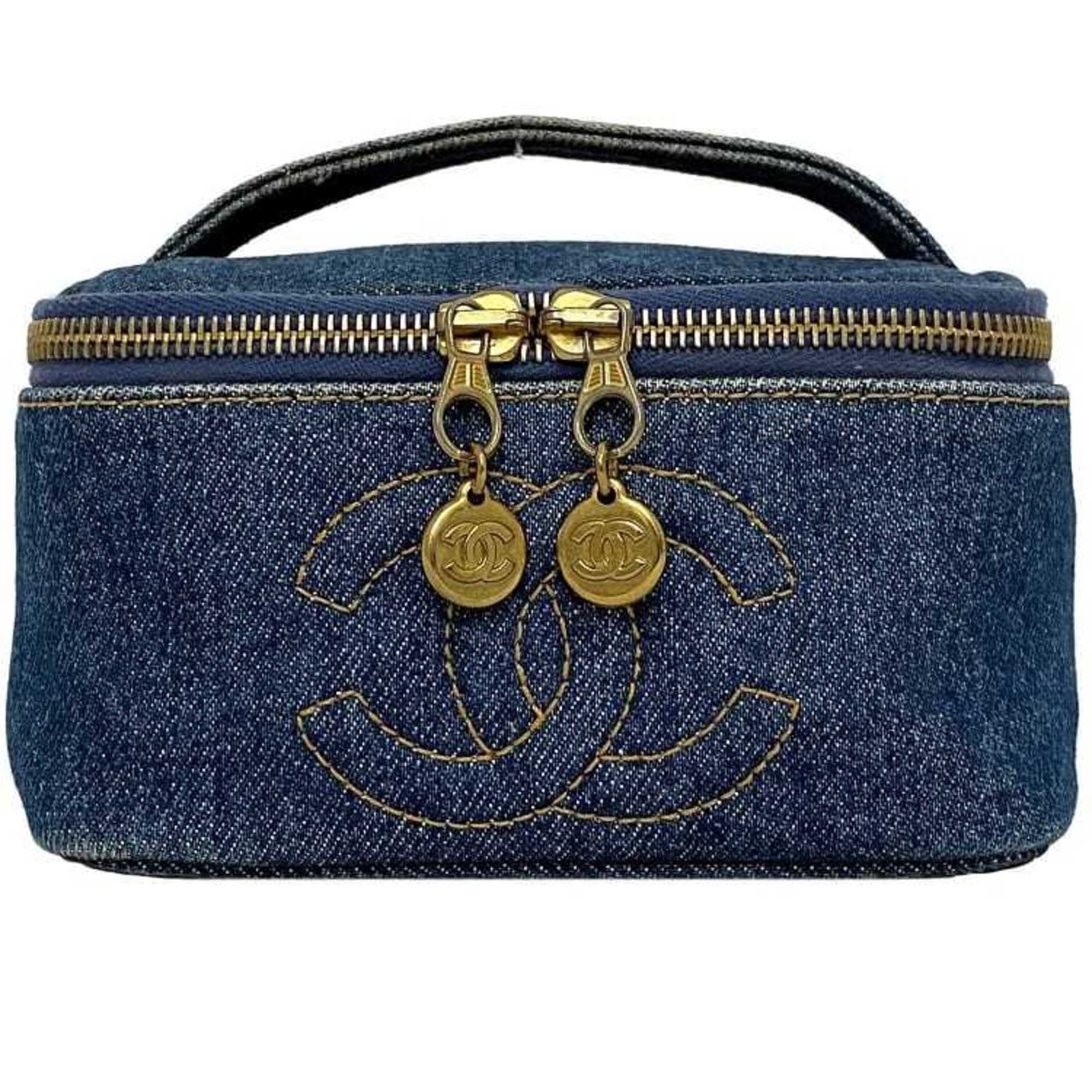Chanel Denim Denim Leather Handbag Pouch Vanity Bag (Pre-Owned)