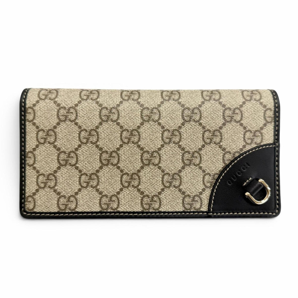 Gucci Beige Black Gg Canvas Leather Long Wallet (Bi-Fold) (Pre-Owned)