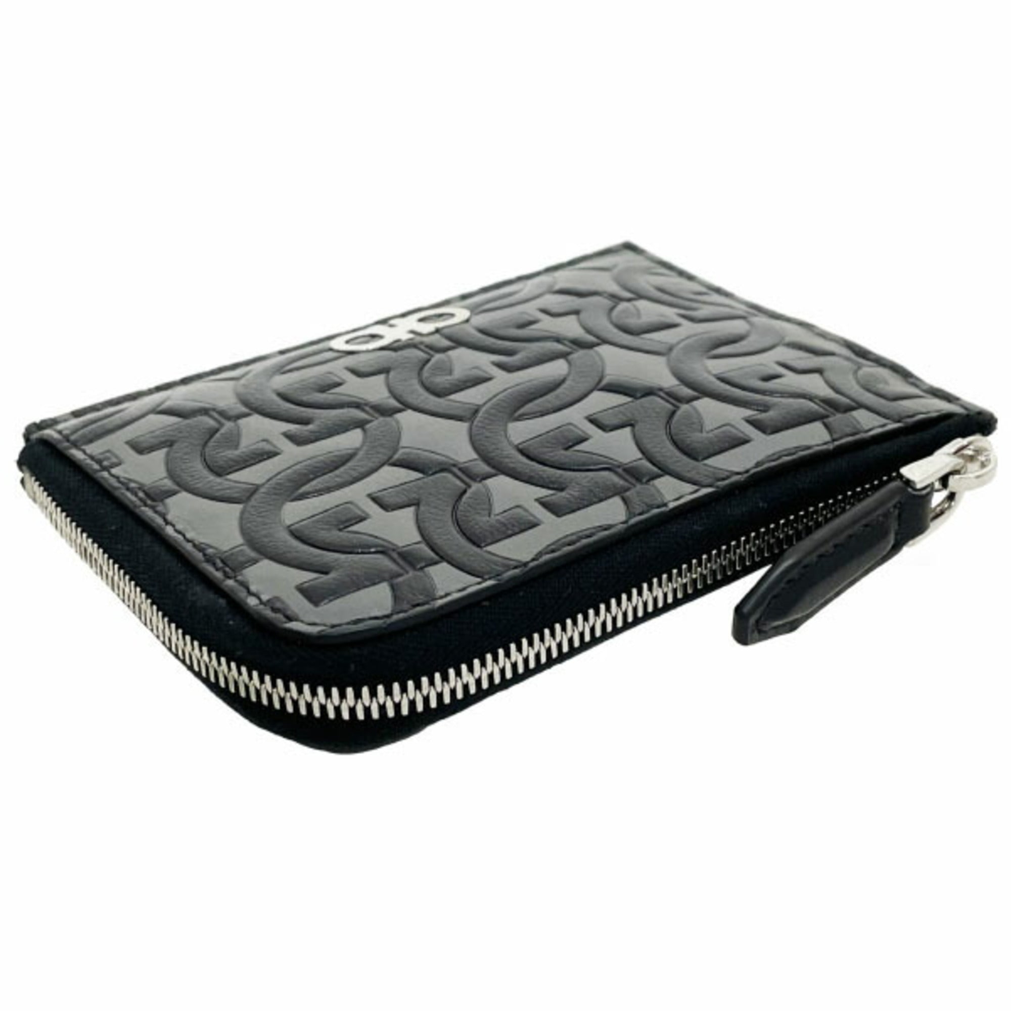 Salvatore Ferragamo Gancini Black Gray Leather Coin Purse/Coin Case (Pre-Owned)