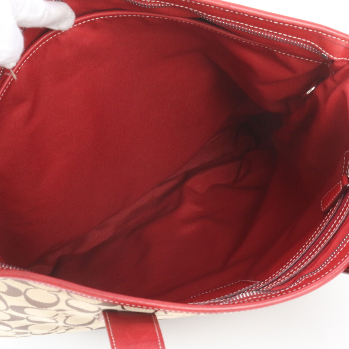 Coach Beige Red Color Leather Canvas Handbag Shoulder Bag Tote Bag (Pre-Owned)