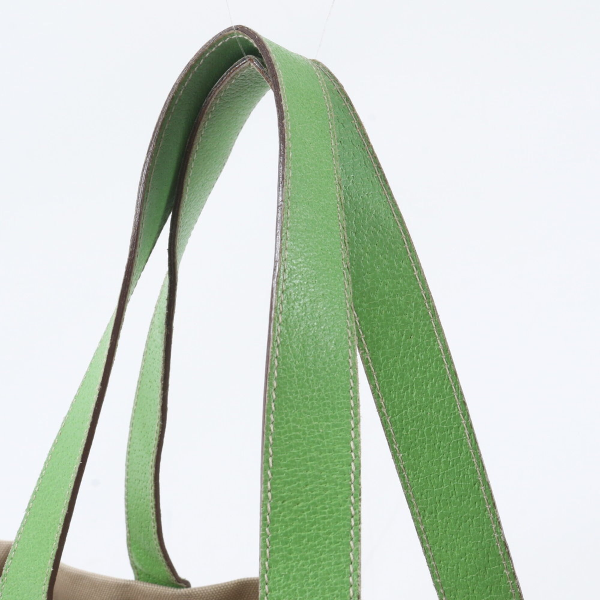 Prada Beige Green Canvas Leather Handbag Tote Bag (Pre-Owned)