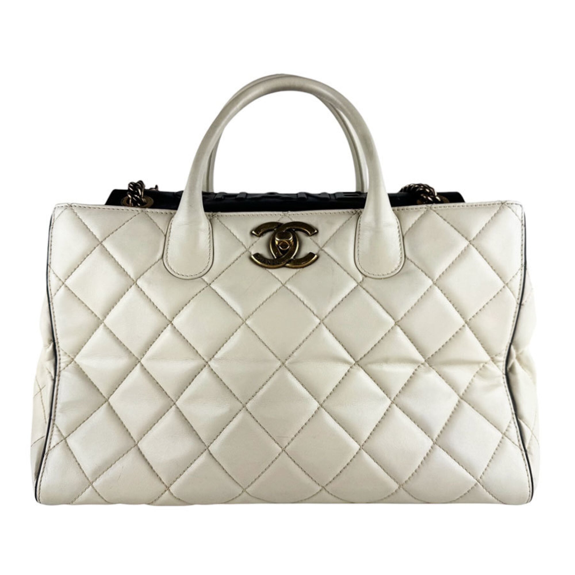 Chanel Black Off-White Leather Handbag Shoulder Bag (Pre-Owned)