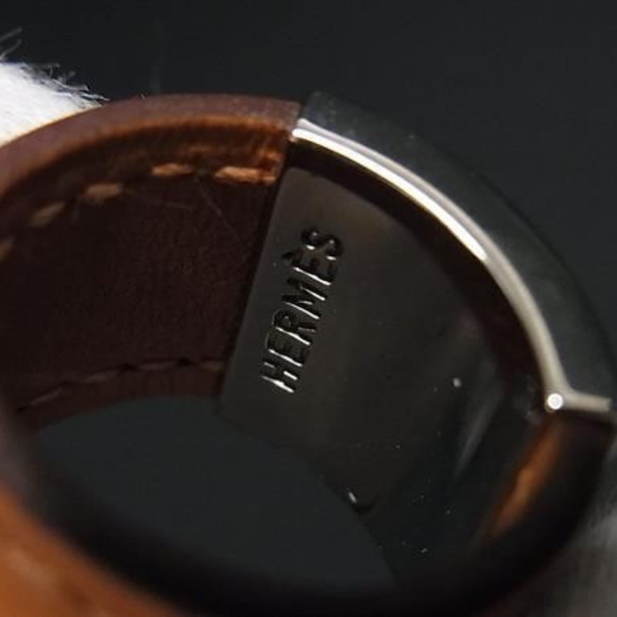Hermes Lurie Silver Orange Metal Swift Leather Band Ring (Pre-Owned)