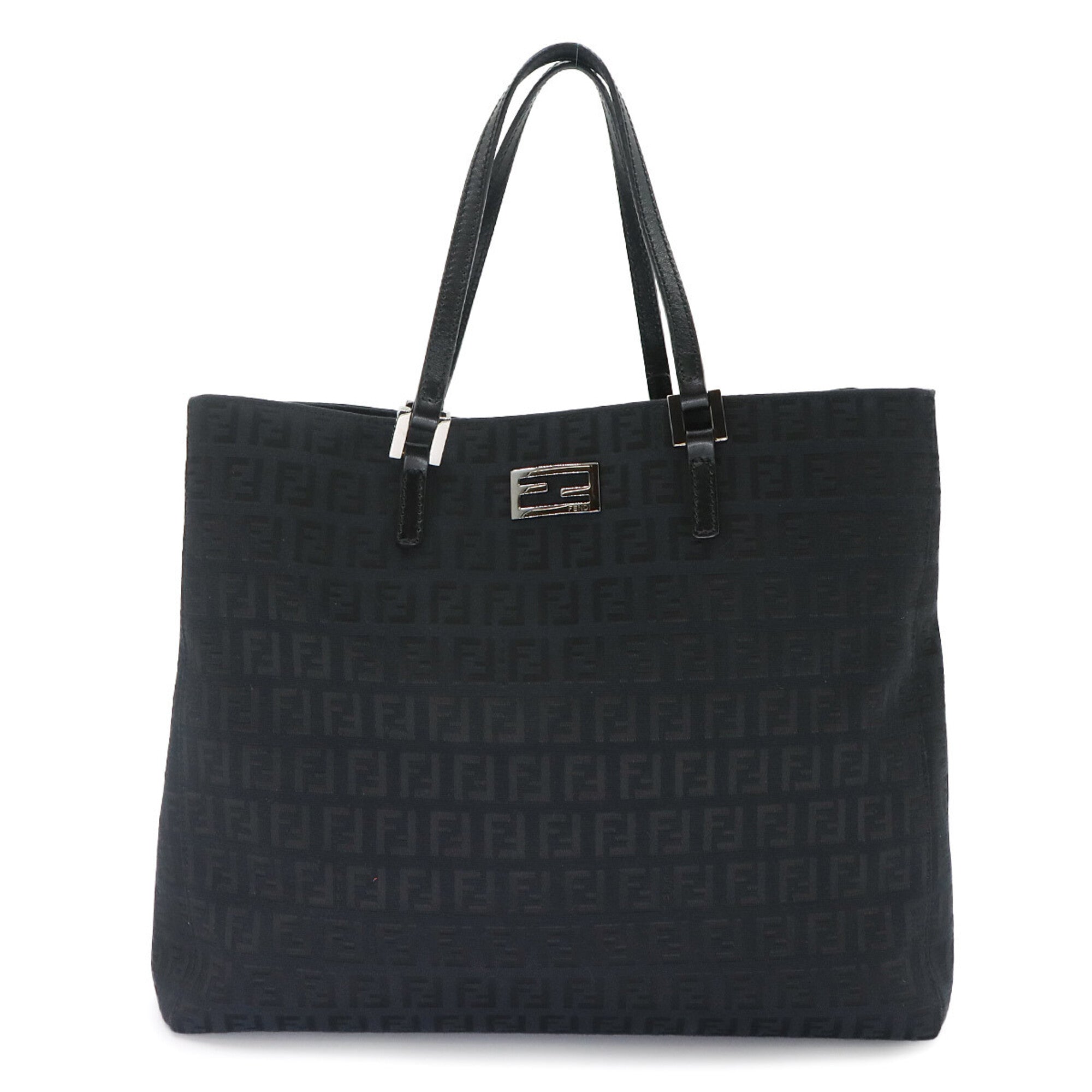 Fendi Zucchino Black Canvas Leather Handbag Tote Bag (Pre-Owned)
