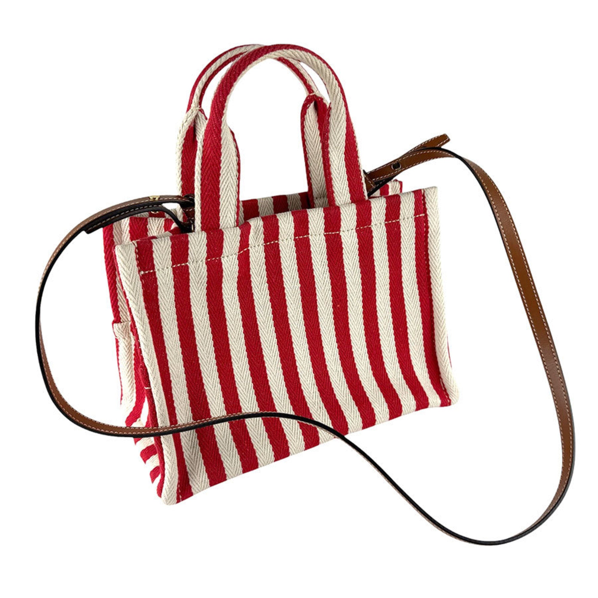 Celine Brown Red Color White Canvas Leather Handbag Shoulder Bag (Pre-Owned)