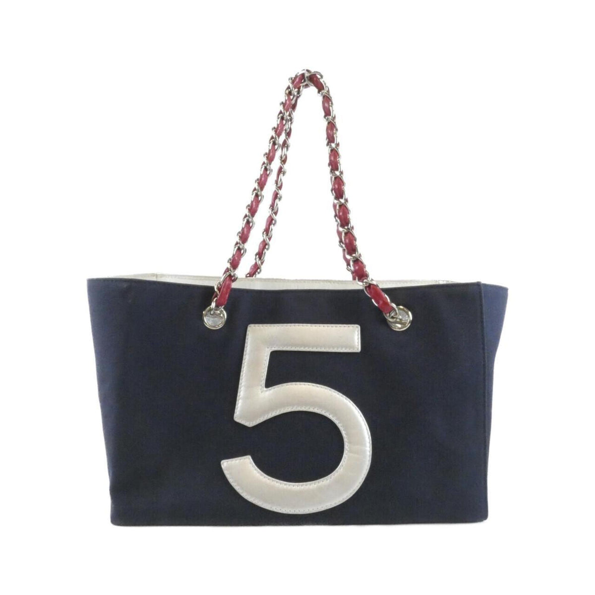 Chanel Navy Red Color White Canvas Leather Handbag (Pre-Owned)