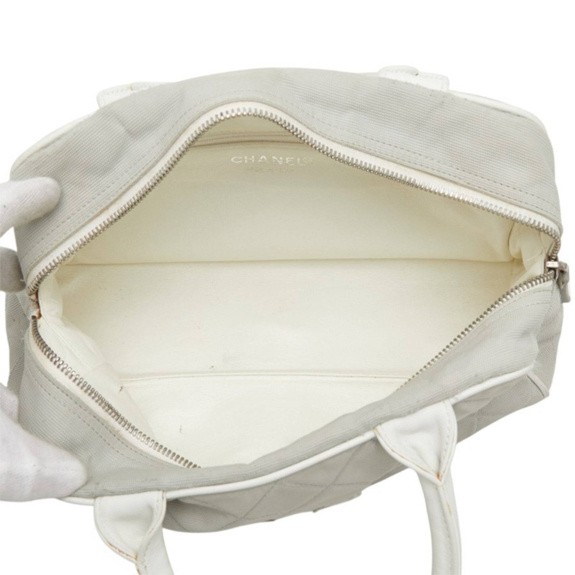 Chanel Gray White Canvas Leather Boston Bag (Pre-Owned)