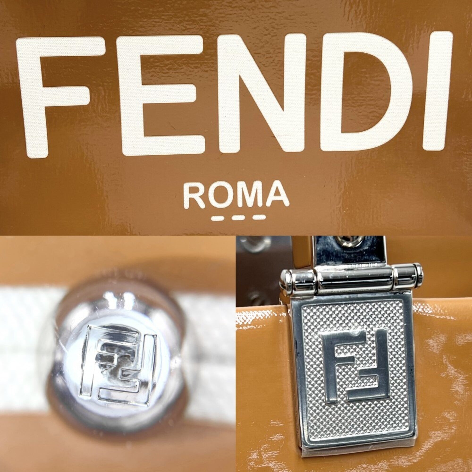 Fendi Brown Ivory Canvas Patent Leather Handbag Shoulder Bag Tote Bag (Pre-Owned)