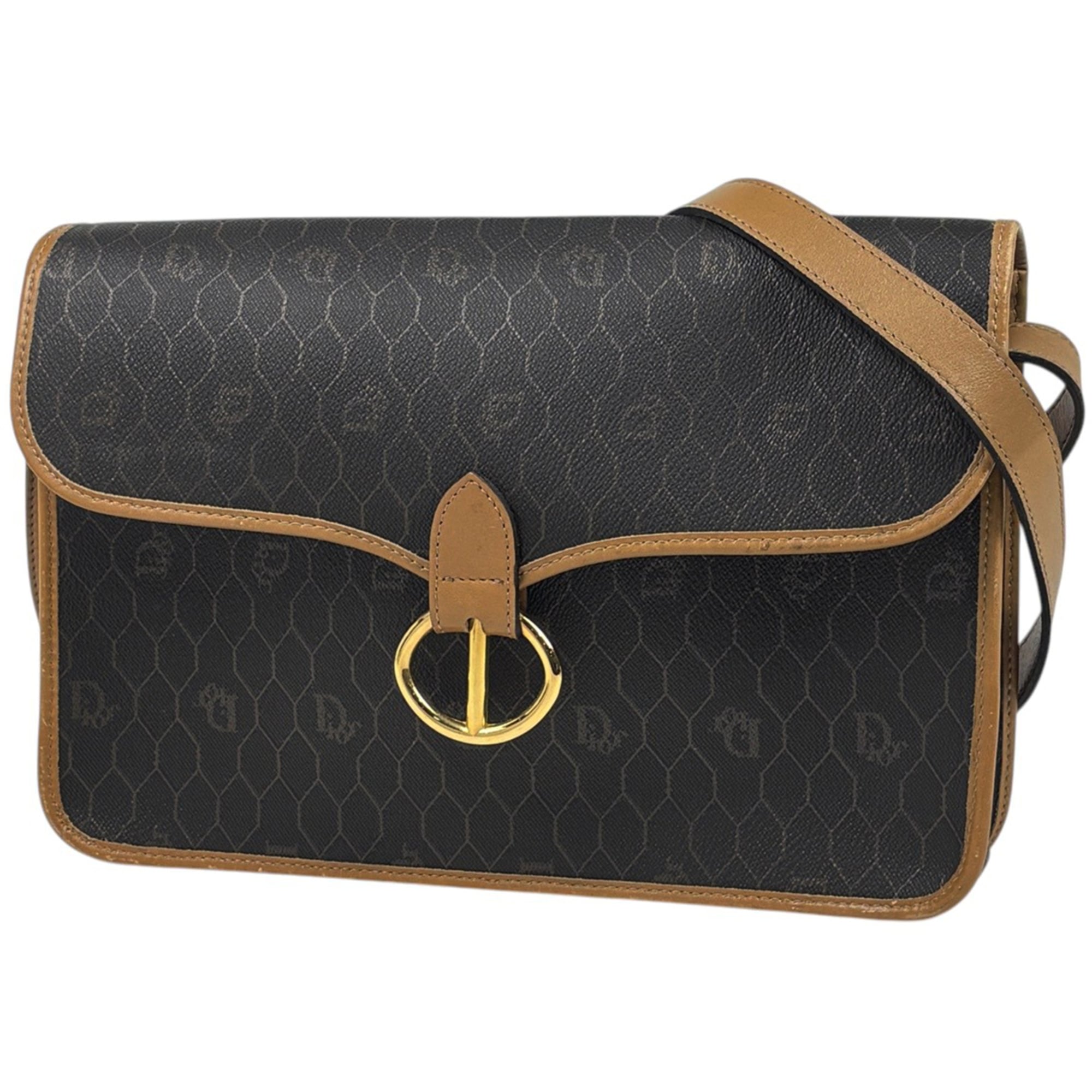 Christian Dior Beige Black Coated Canvas Shoulder Bag (Pre-Owned)