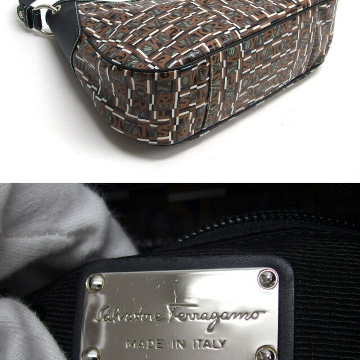 Salvatore Ferragamo Black Dark Brown Multi-Color Coated Canvas Leather Shoulder Bag (Pre-Owned)