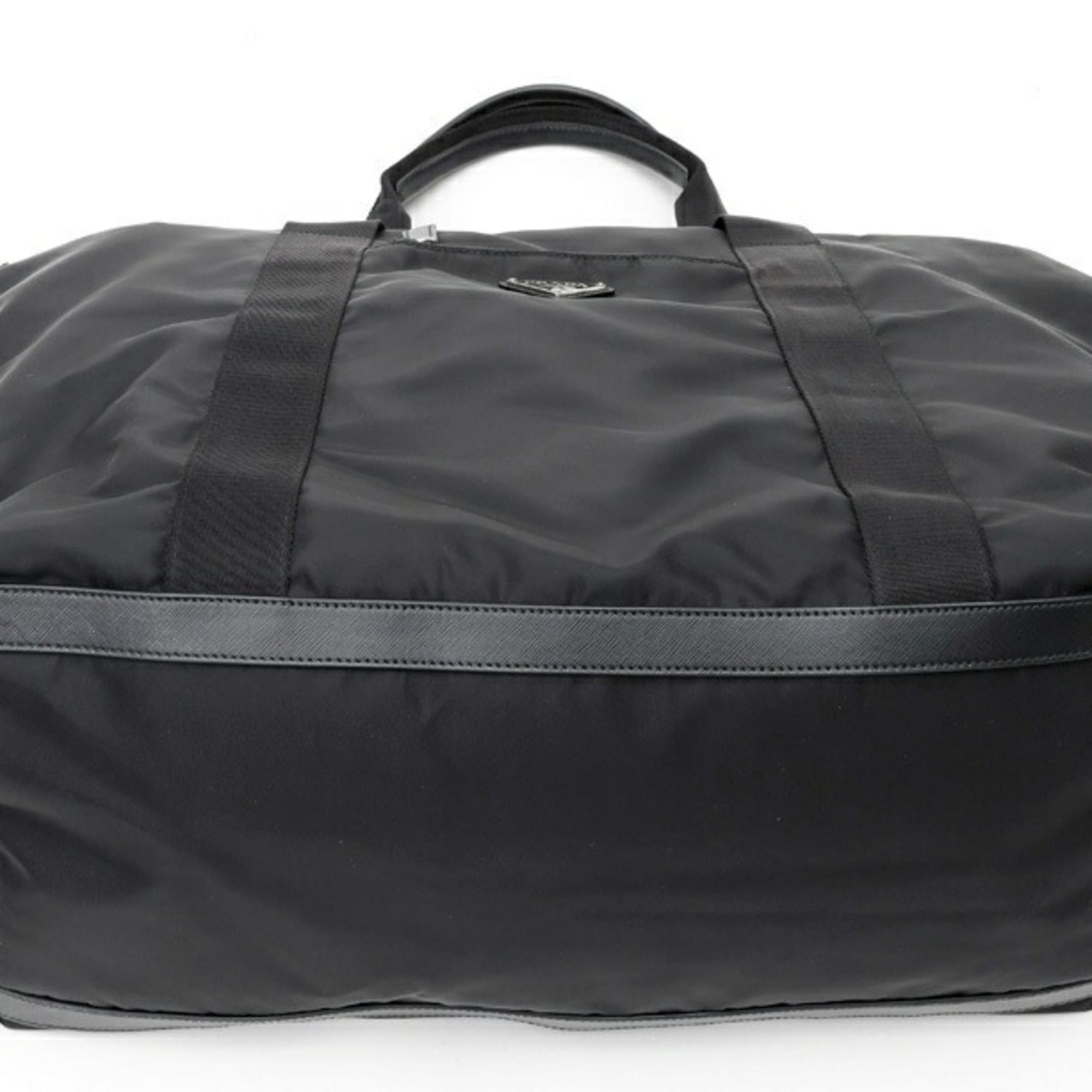 Prada Black Nylon Leather Fabric Saffiano Boston Bag (Pre-Owned)