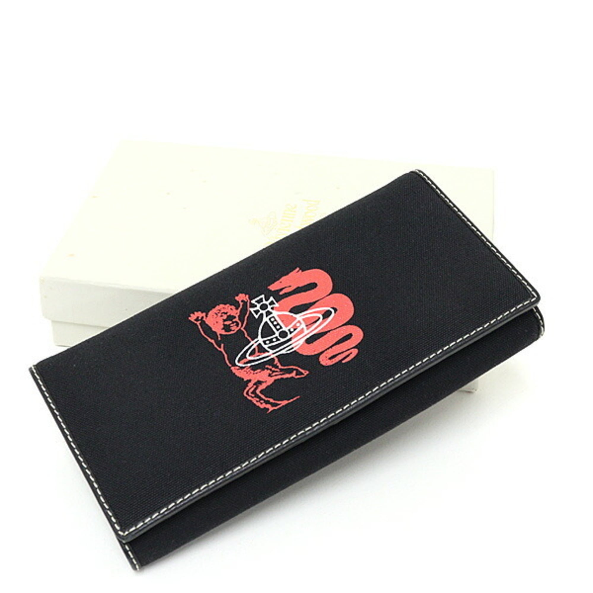 Vivienne Westwood Black Red Color White Canvas Leather Long Wallet (Bi-Fold) (Pre-Owned)