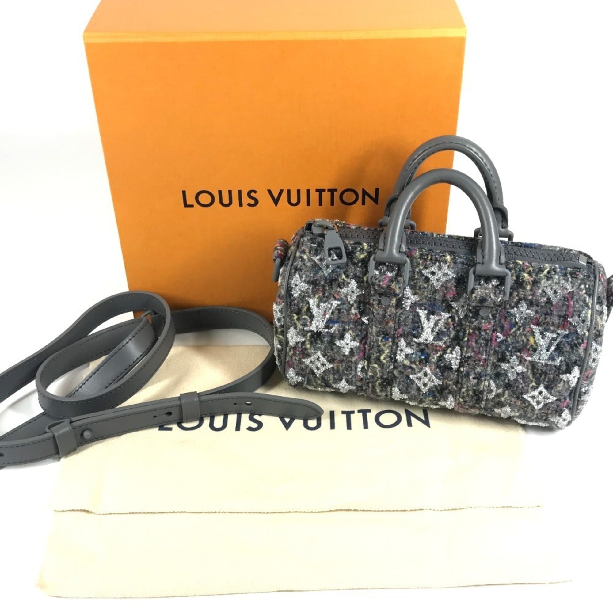 Louis Vuitton Gray Tweed Leather Boston Bag Handbag Shoulder Bag (Pre-Owned)