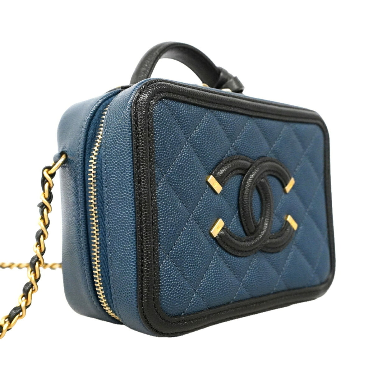 Chanel Black Blue Grained Calfskin Handbag (Pre-Owned)