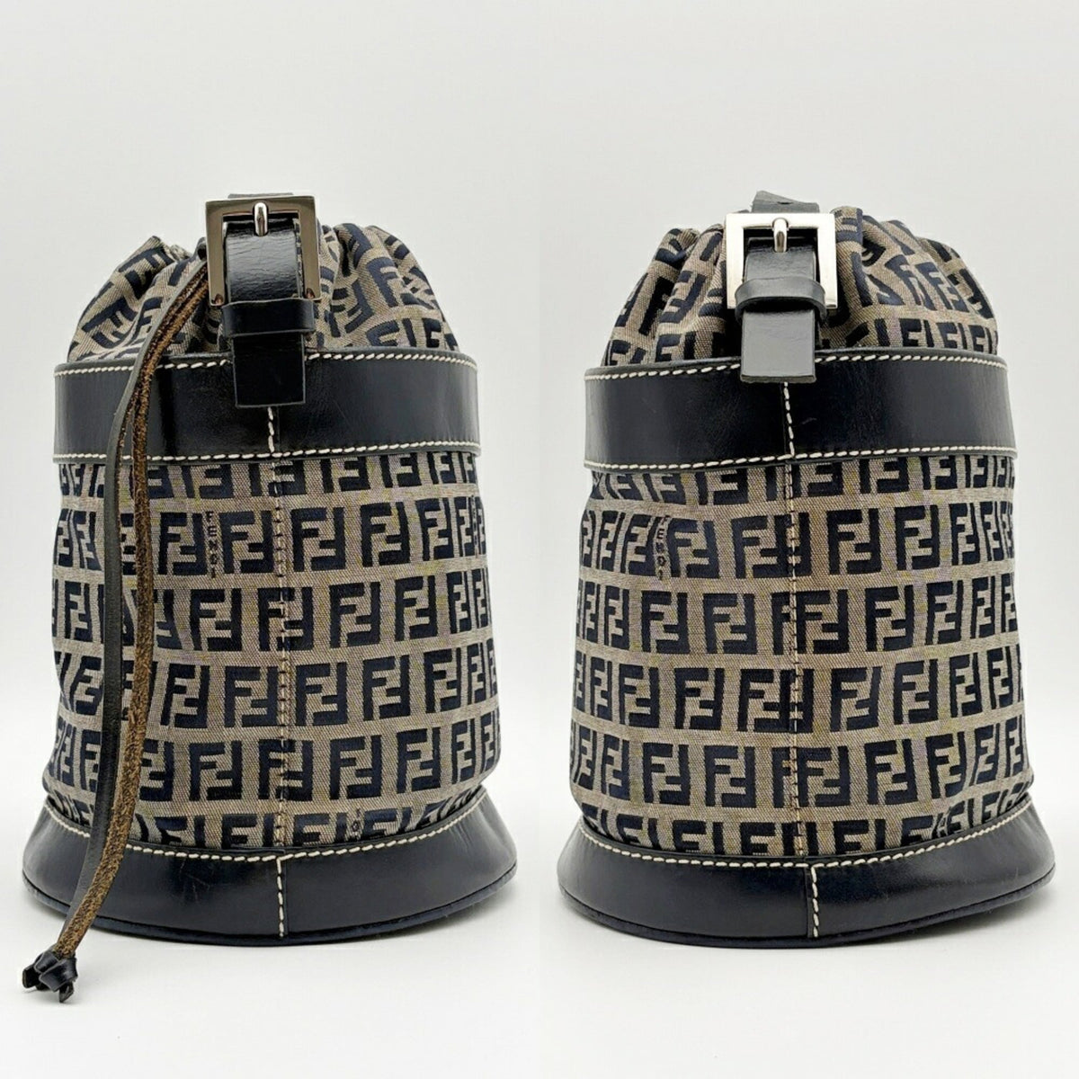 Fendi Zucca Navy Canvas Leather Shoulder Bag (Pre-Owned)