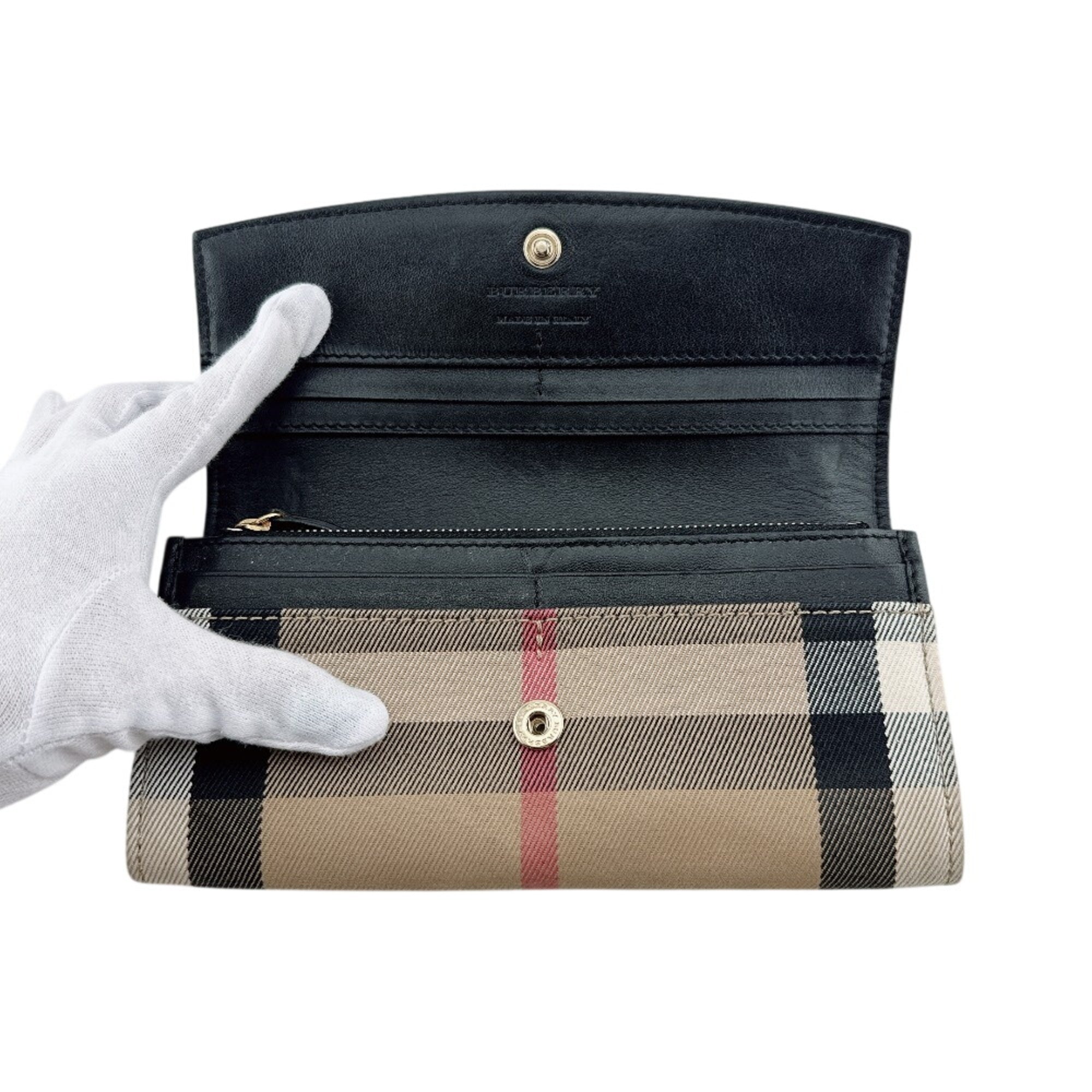 Burberry Black Leather Canvas Long Wallet (Bi-Fold) (Pre-Owned)