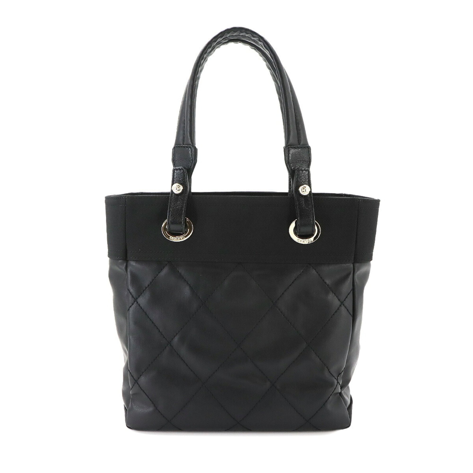 Chanel Paris Biarritz Black Nylon Pvc Leather Handbag Tote Bag (Pre-Owned)