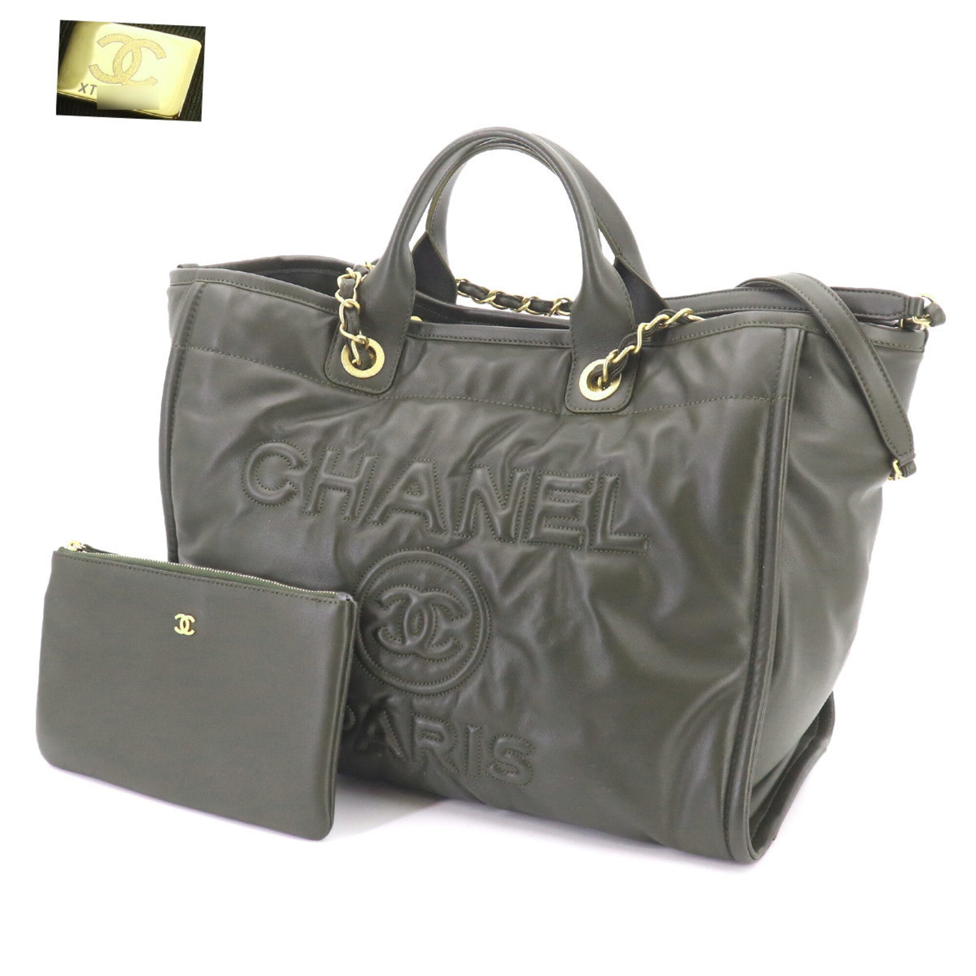 Chanel Khaki Leather Handbag Pouch Tote Bag (Pre-Owned)