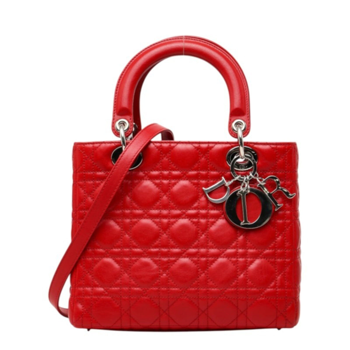 Christian Dior Lady Dior Red Color Leather Handbag Shoulder Bag (Pre-Owned)