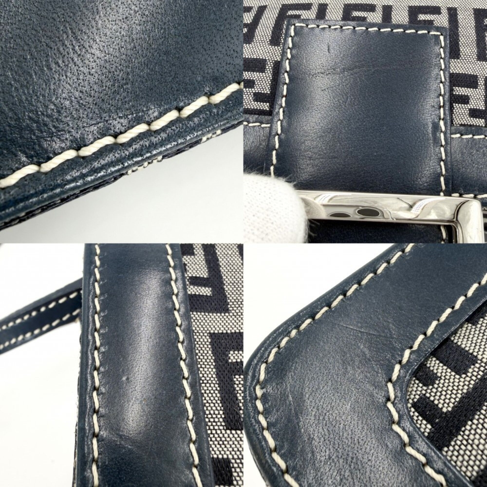 Fendi Zucchino Navy Canvas Leather Handbag Shoulder Bag (Pre-Owned)