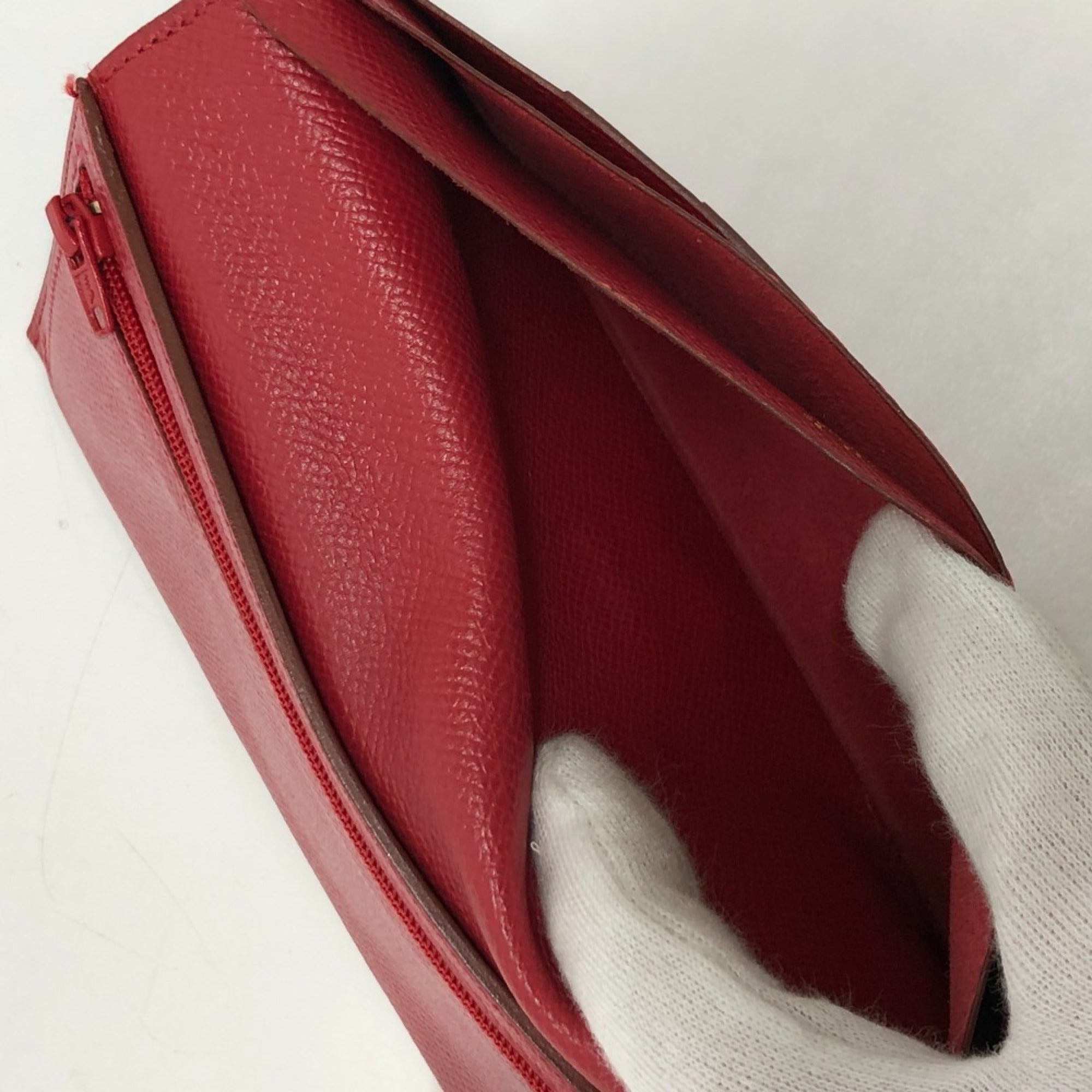 Hermes Red Color Courchevel Leather Long Wallet (Bi-Fold) (Pre-Owned)