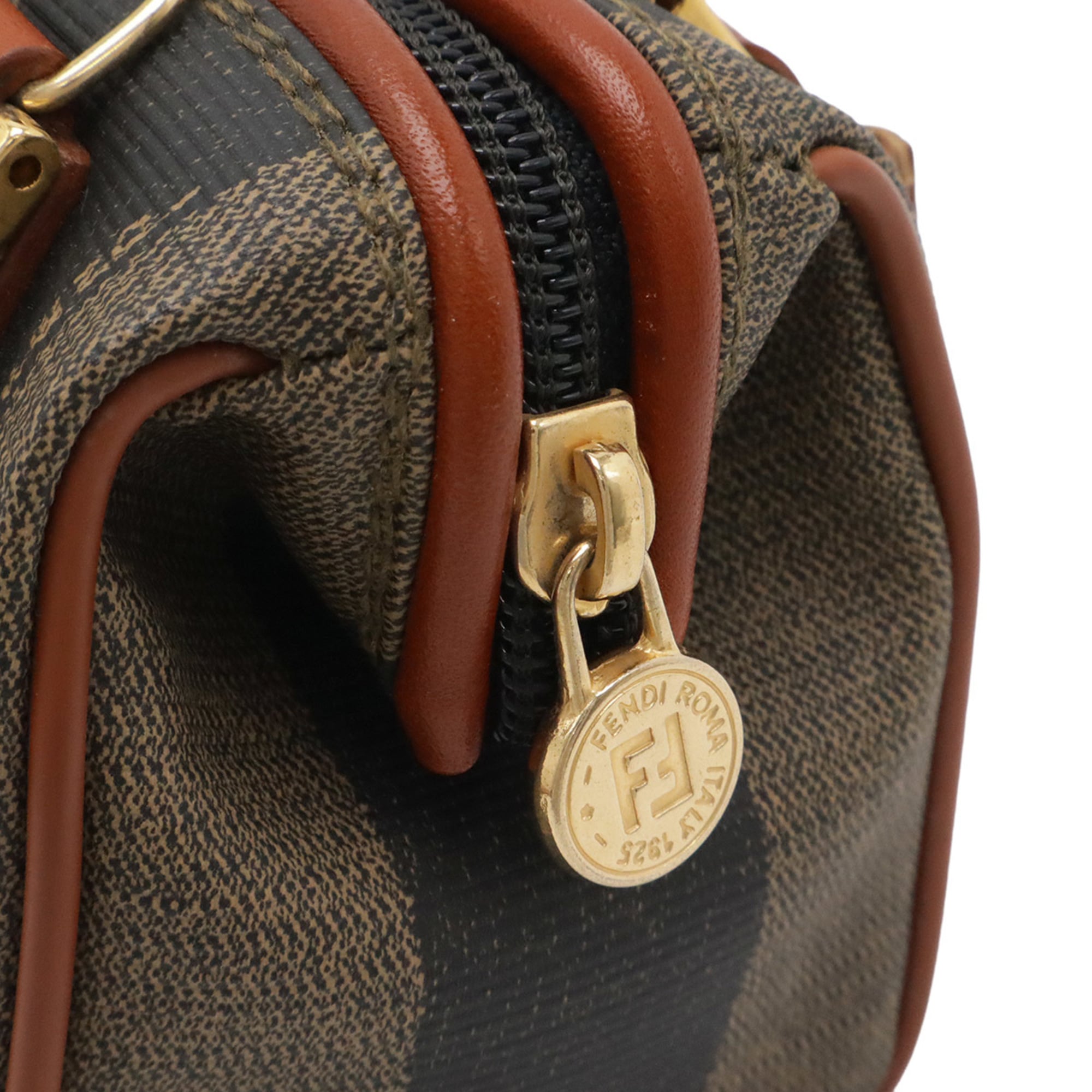 Fendi Black Khaki Light Brown Coated Canvas Leather Boston Bag Handbag Shoulder Bag (Pre-Owned)