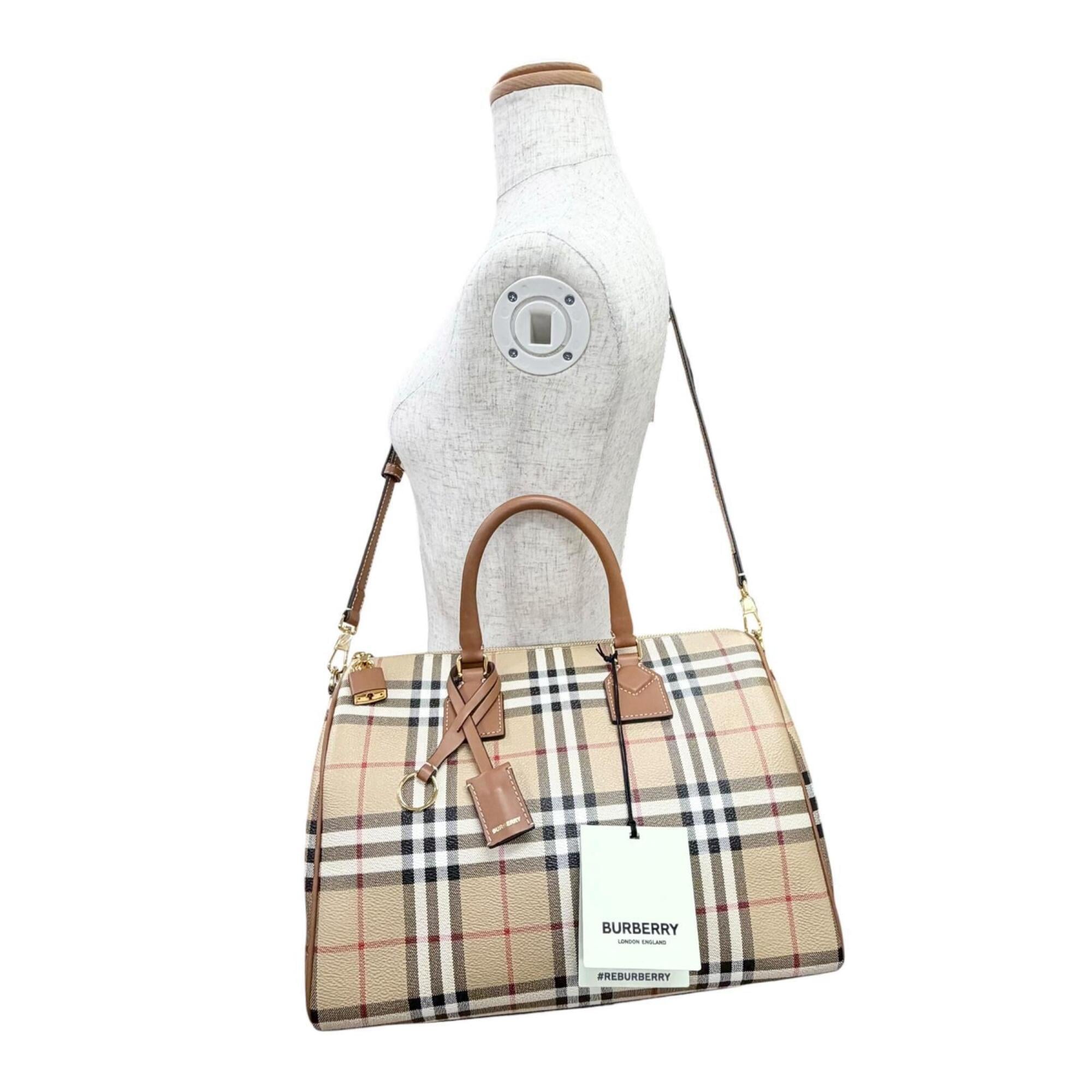 Burberry Beige Brown Leather Cotton Elastane Polyester Boston Bag Shoulder Bag (Pre-Owned)