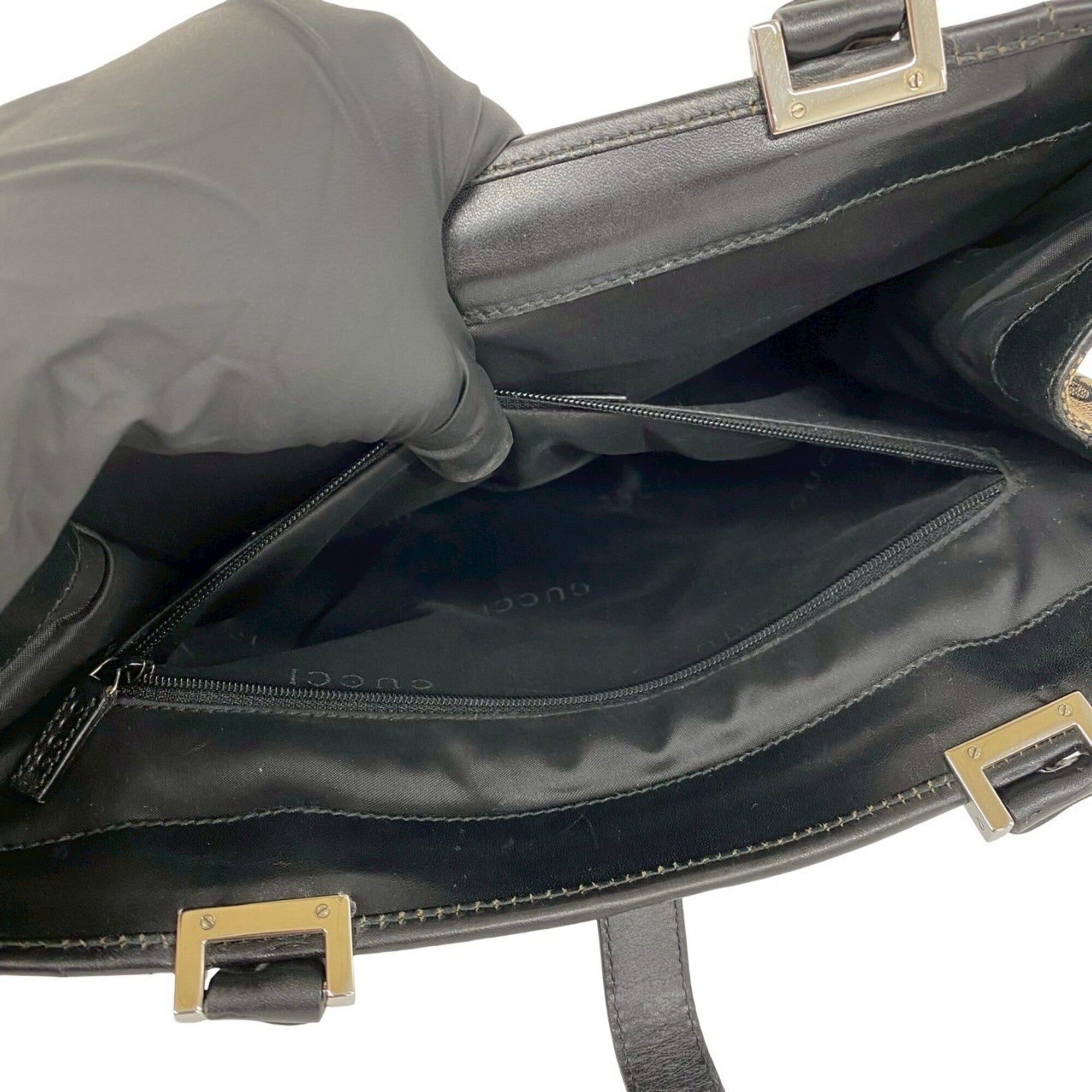 Gucci Black Brown Leather Canvas Boston Bag Handbag (Pre-Owned)