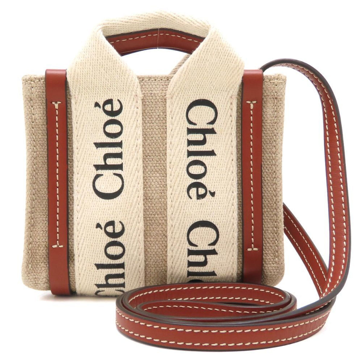 Chloé Brown White Linen Leather Shoulder Bag (Pre-Owned)
